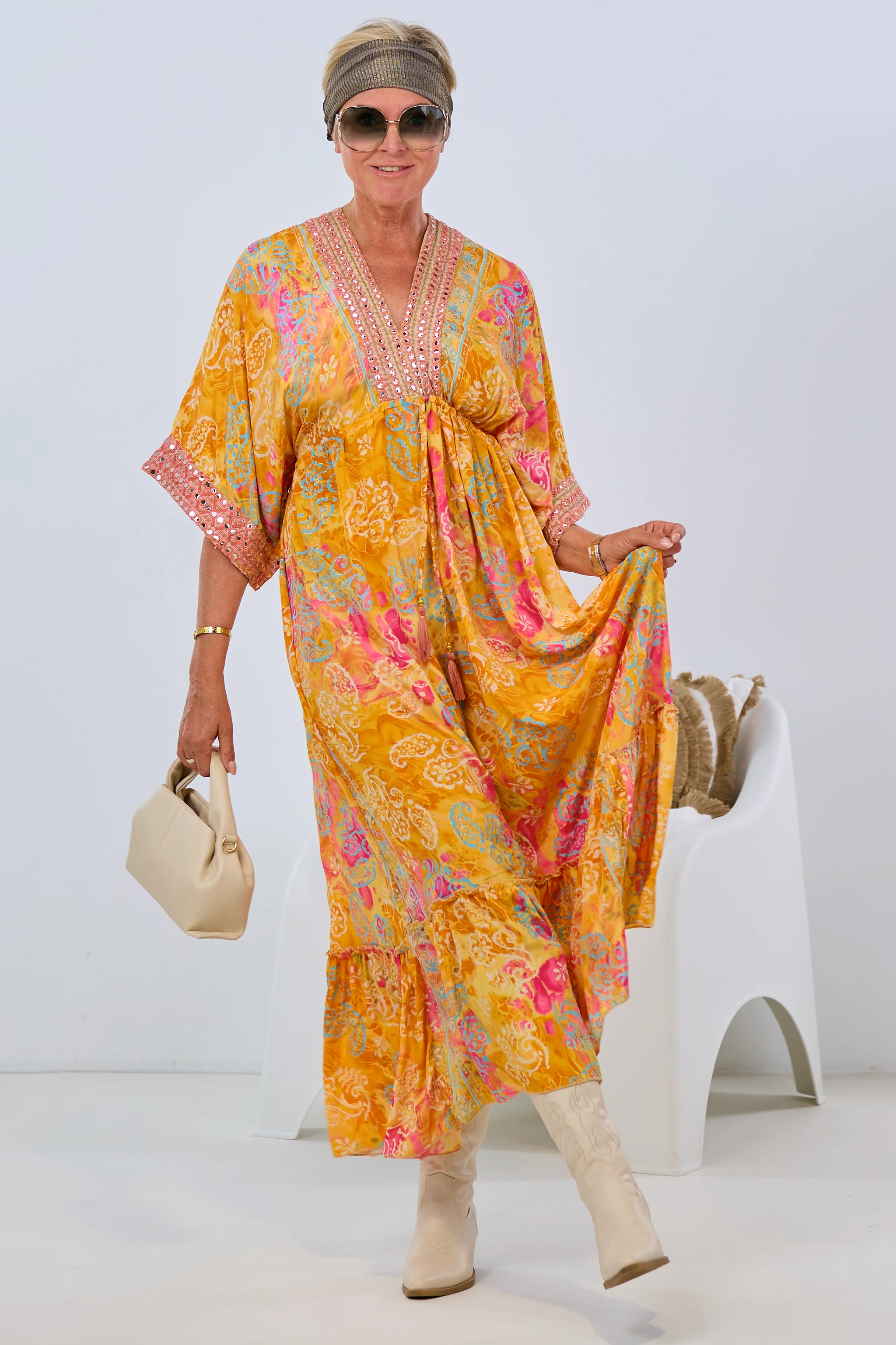 Langes Kleid im Boho-Style, orange-pink