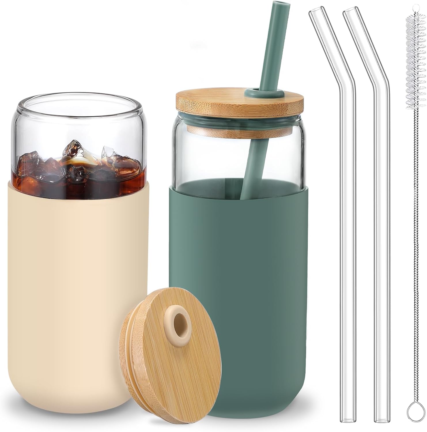 20 OZ Glass Cups with Bamboo Lids and Straws - Beer Can Drinking Glasses with Silicone Protective Sleeve Set  Iced Coffee Glasses  Cute Tumbler Cup for Water  Tea  Gift - Cambridge Blue  Amber