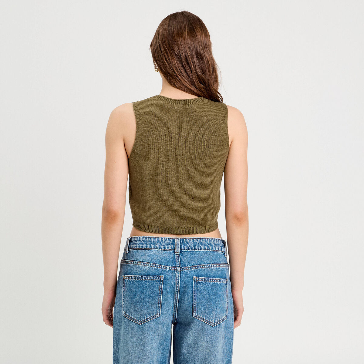 Gilet sans manches col en V vert kaki femme