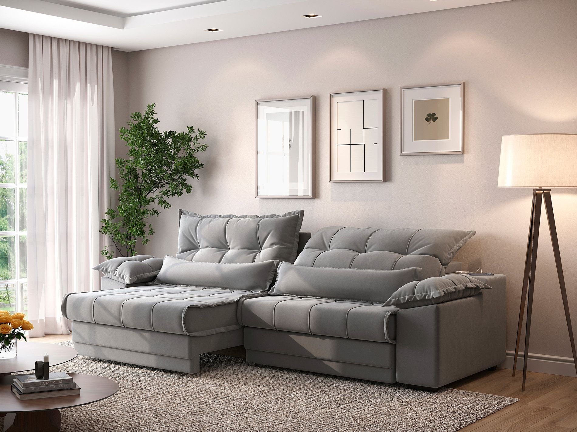 Sofá Retrátil e Reclinável com Molas Ensacadas e Carregador Usb Colosso 2,90m Veludocristal Cinza