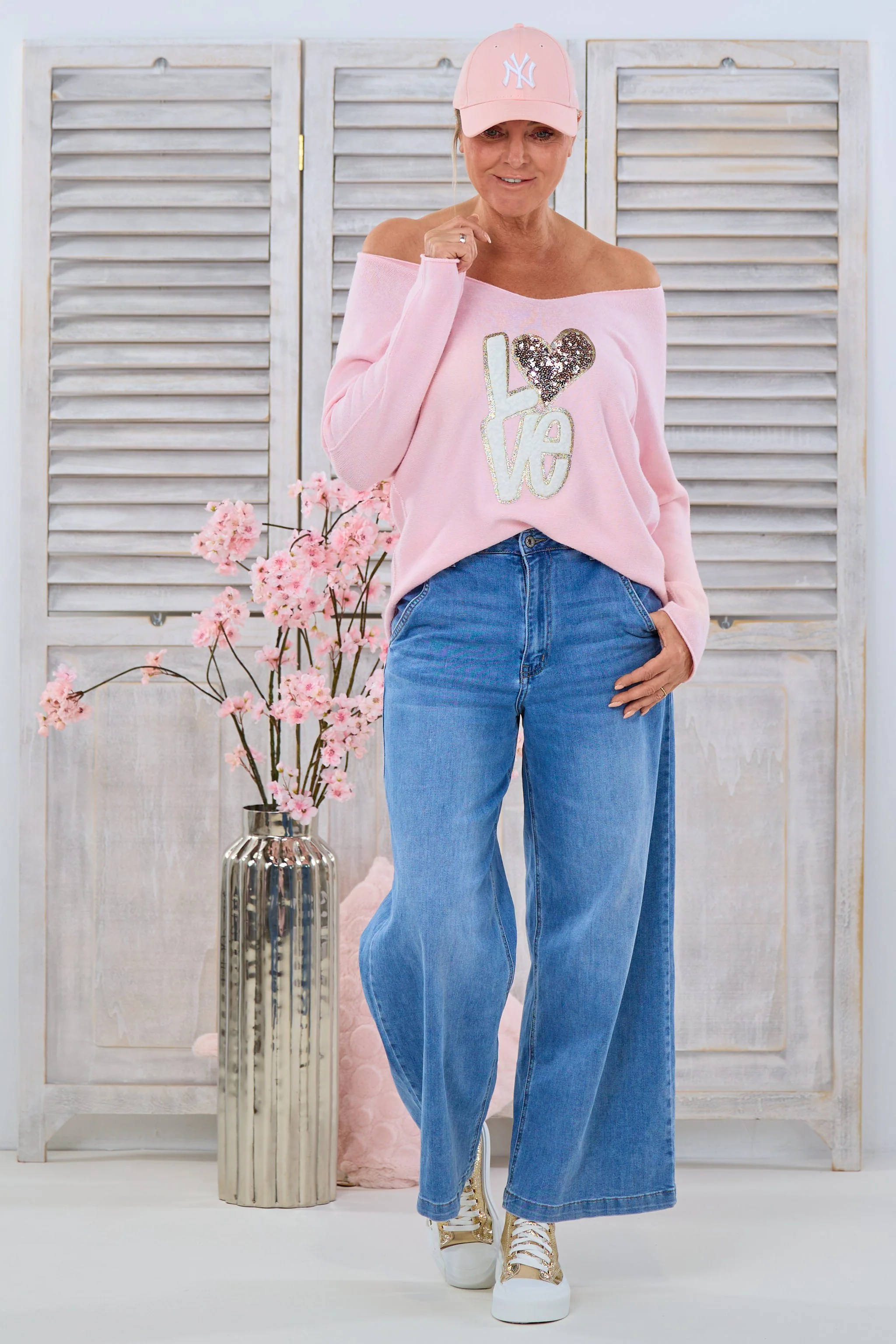 High Waist Jeans mit weitem Bein, denim
