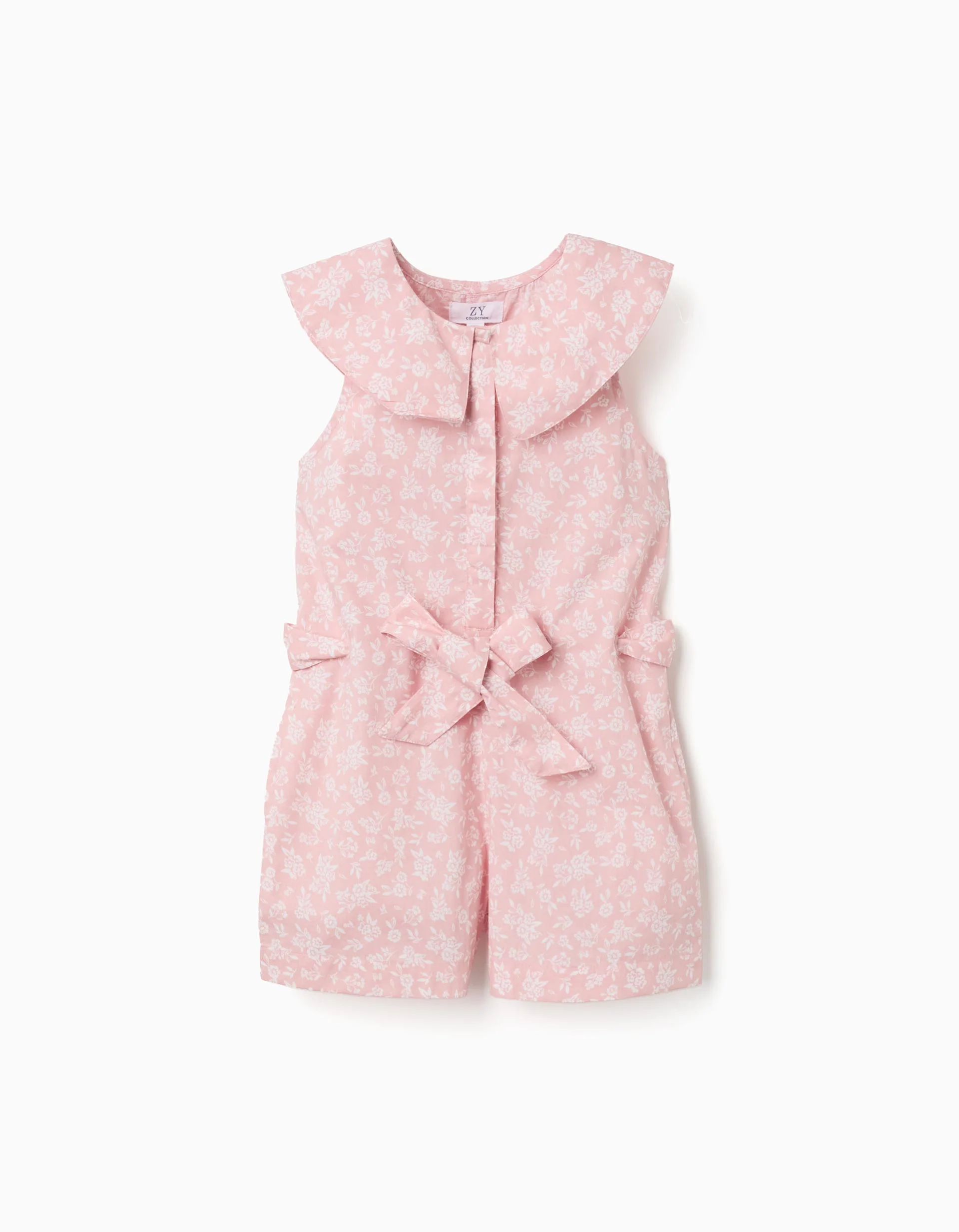 Poplin playsuit with floral pattern and belt for girls, light pink