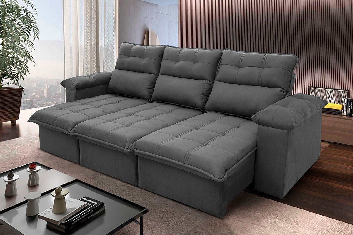 Sofá Retrátil/reclinável Verona 2,30m Suede Velut Cinza com Molas no Assento - King House