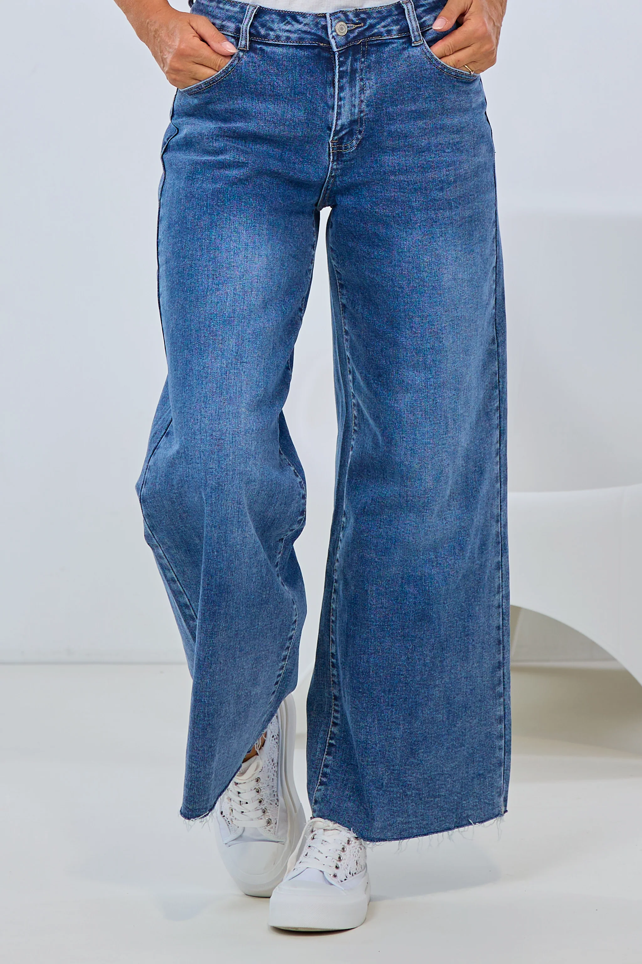 Mid Waist Jeans mit weitem Bein, dark denim