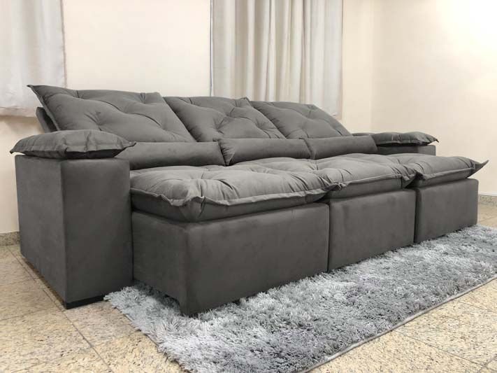 Sofá 5 Lugares Retrátil e Reclinável 2,70 Metros Alpoim Estofados Cinza 202 Athenas