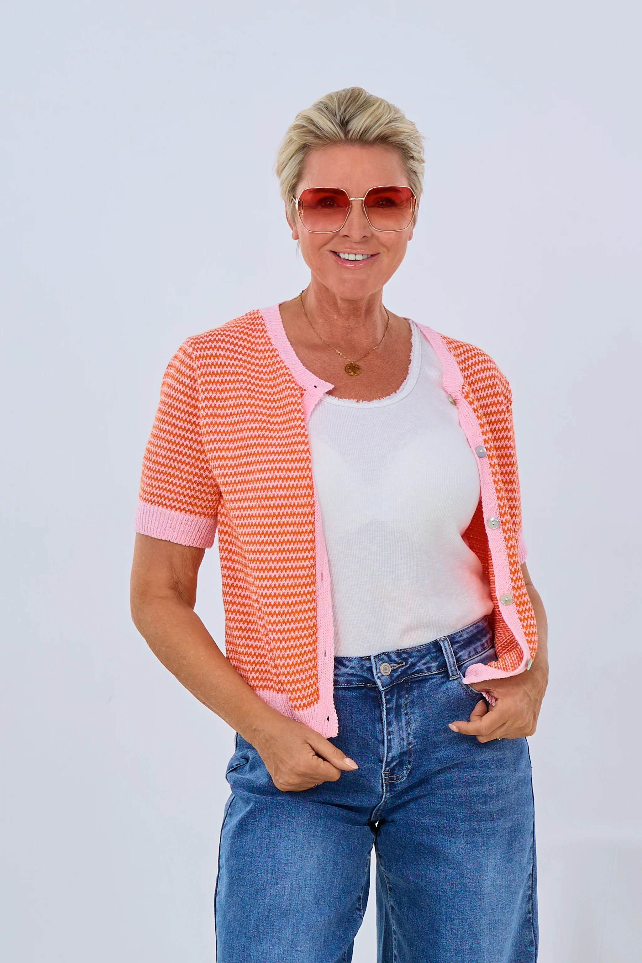Kurzarm Cardigan, orange-rosa