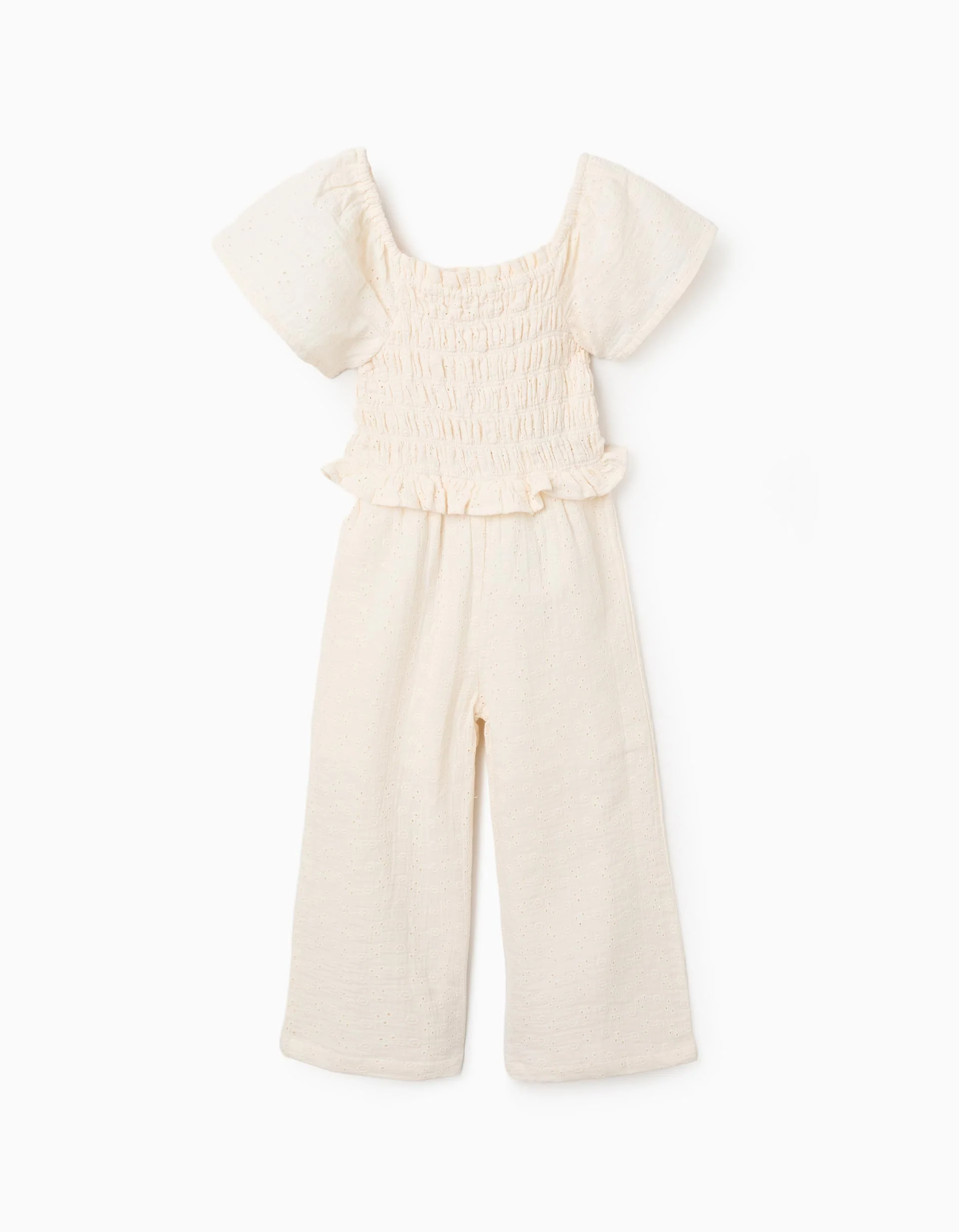 Wide leg cotton jumpsuit in broderie anglaise for girls, light beige