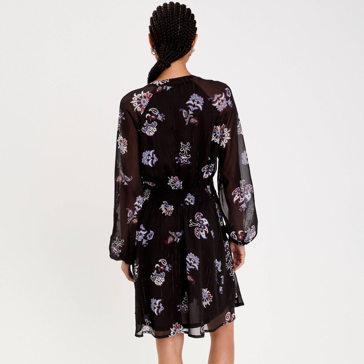 Robe courte évasée col v manches longues bleu foncé femme