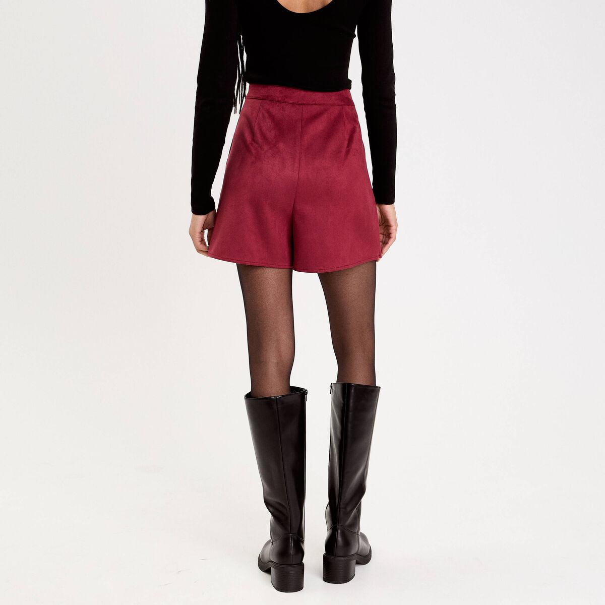 Jupe-short évasée aspect daim rouge foncé femme