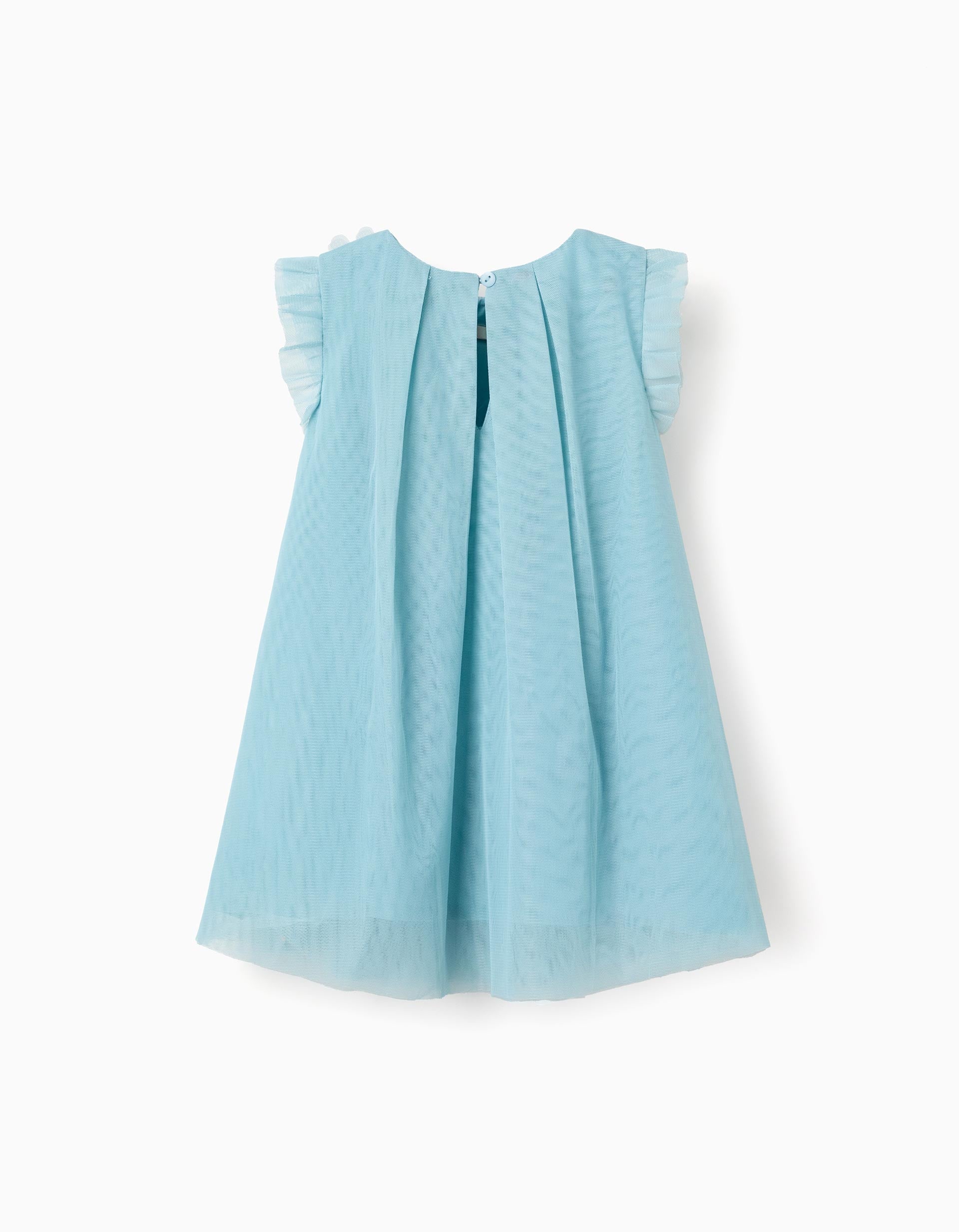 Sleeveless tulle dress with ruffles and flowers for baby girls, blue