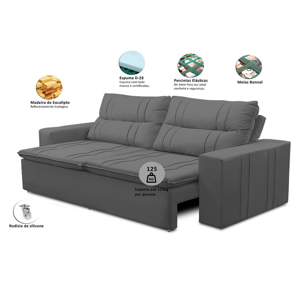 Sofá Retrátil e Reclinável 2 Lugares com Molas 1,50m Ester Suede Cinza Adonai Estofados