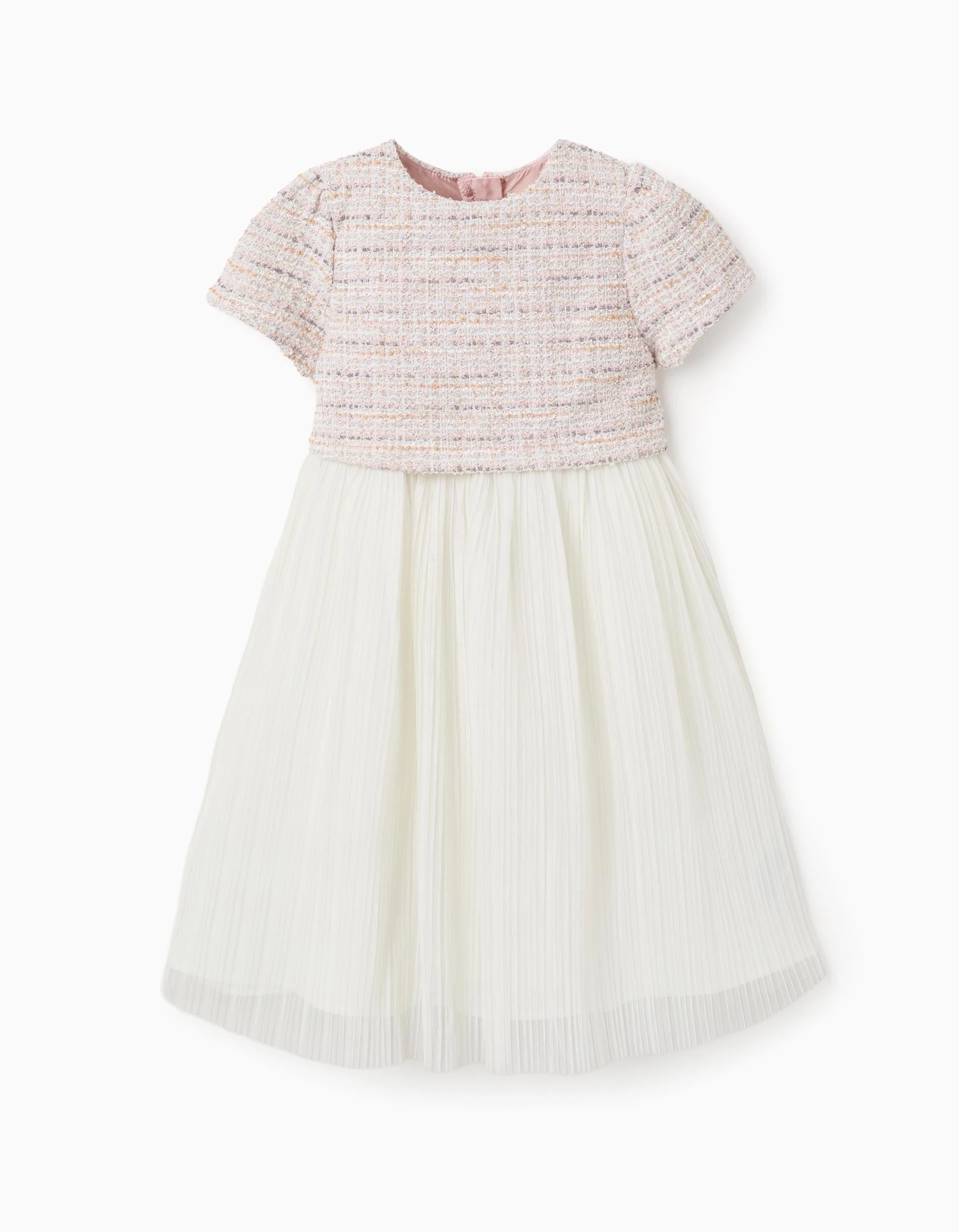 Dual-fabric short sleeve dress in tweed and mesh for girls, pink