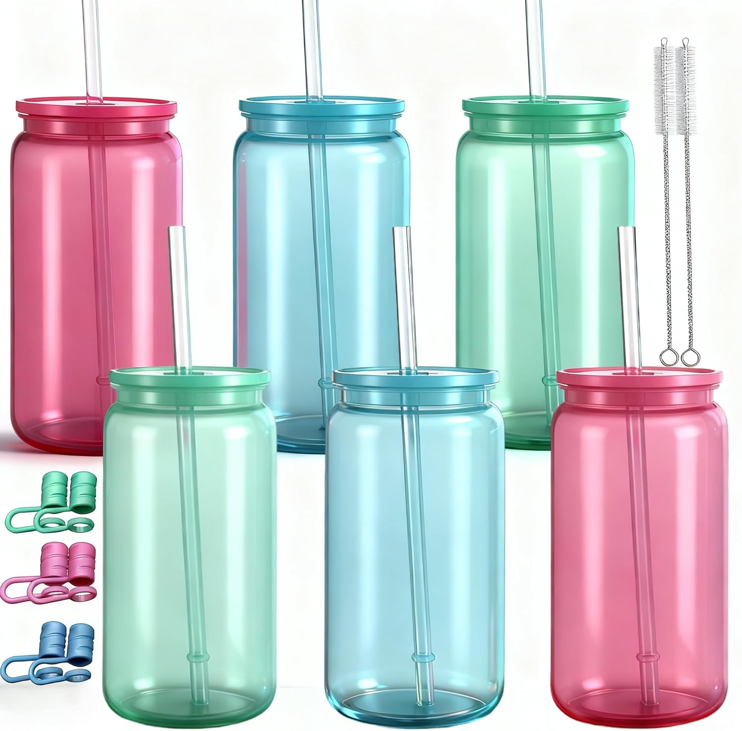 Mason Jar Cups with Lids and Straws  16 oz Reusable Plastic Tumblers for Whisky  Soda  Tea  Juice  Beer  Coffee  Milk Tea  Gifts  6 Pack (Jelly Blue  Green  Rose)