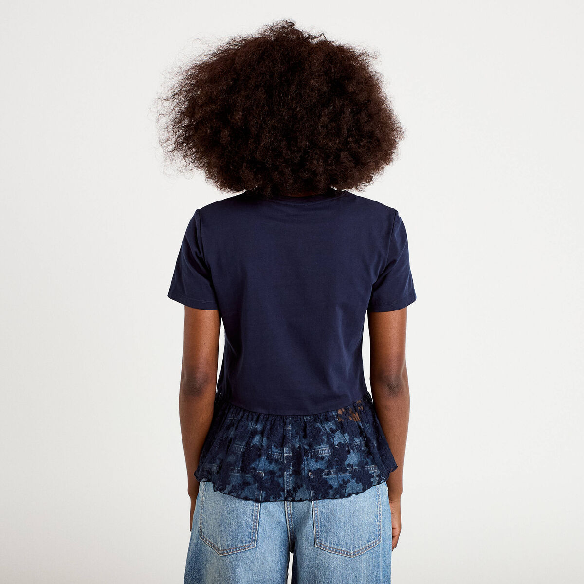 T-shirt manches courtes en dentelle bleu marine femme