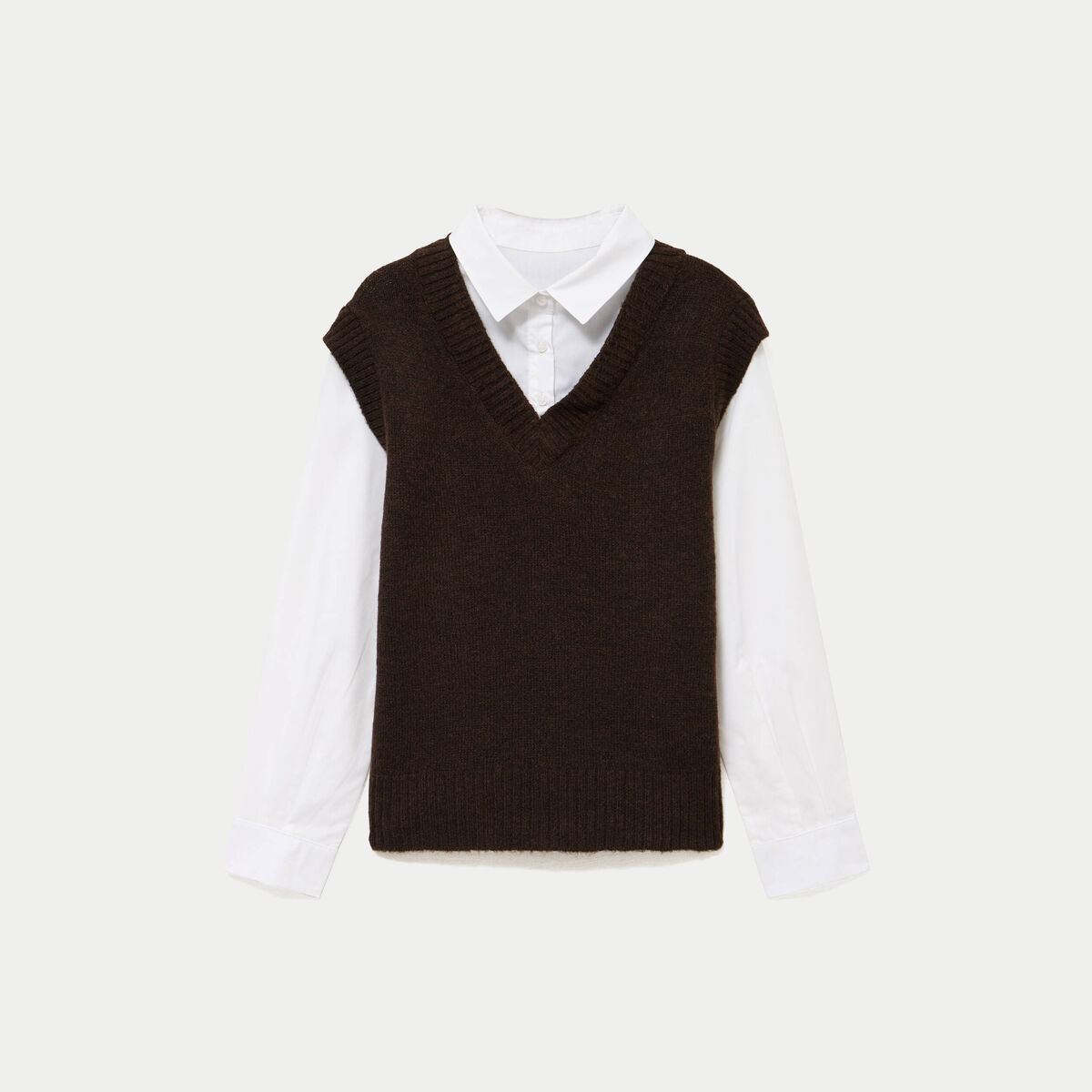 Pull chemise 2-en-1 marron femme