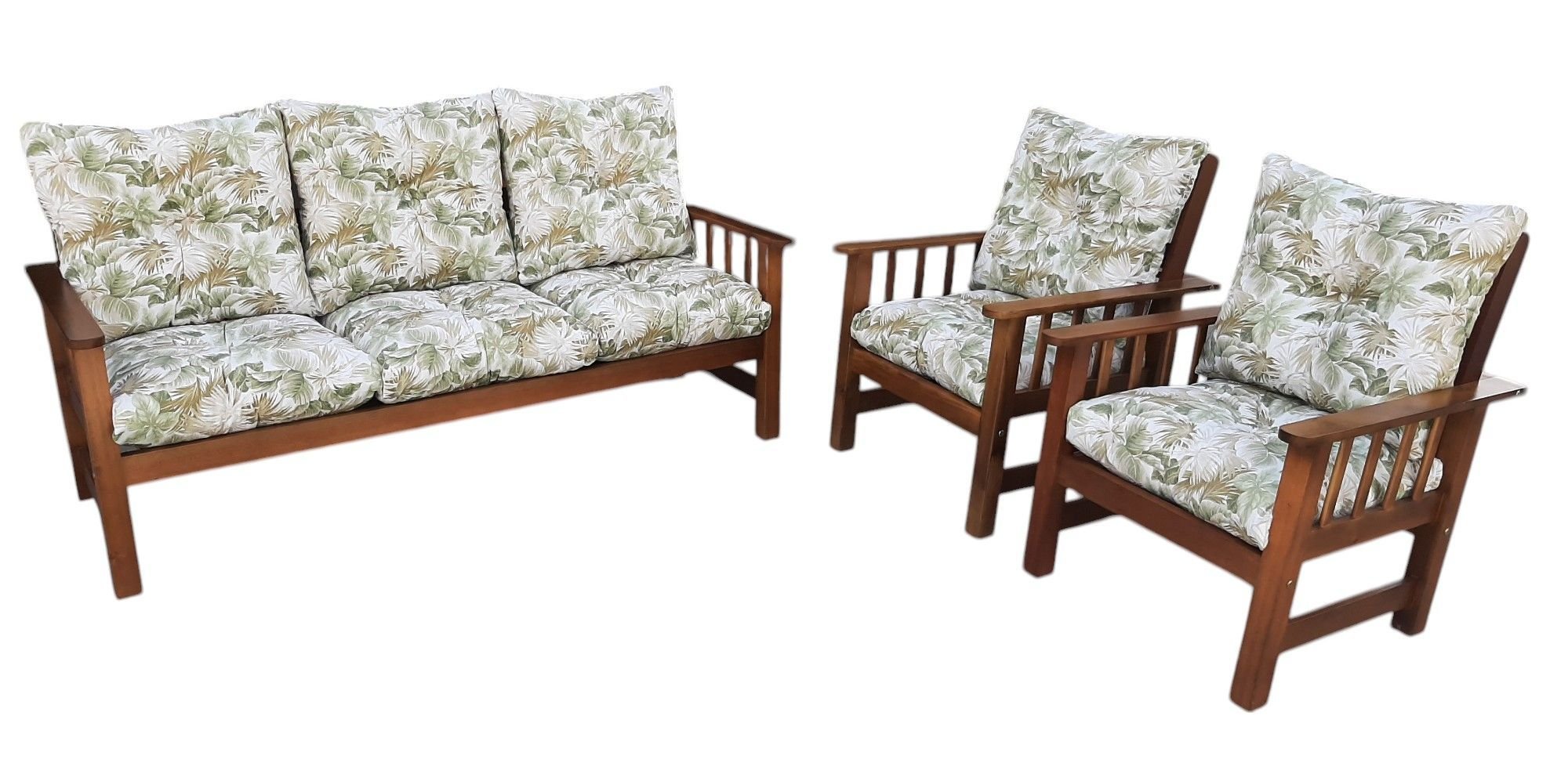 Conjunto Cancún Sofá 3 Lugares e Poltronas de Madeira Estofado Floral Verde