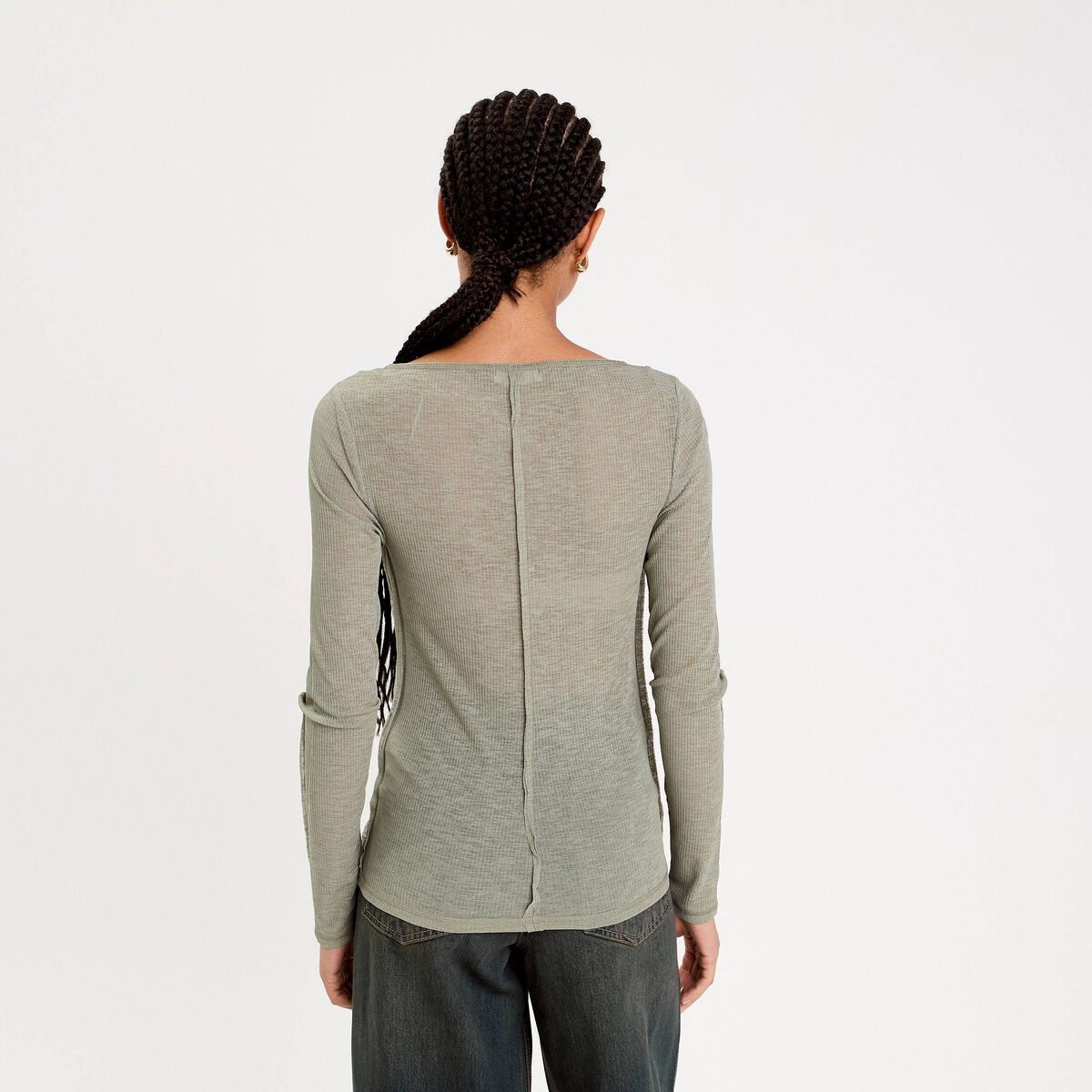 T-shirt cintré col rond manches longues vert kaki femme