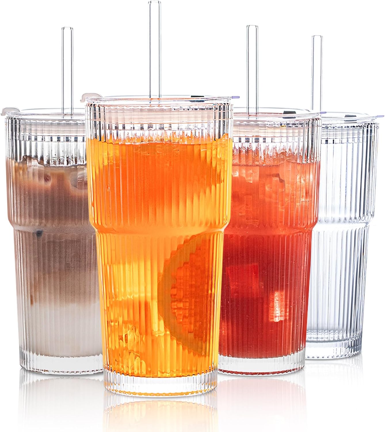 20 oz Ribbed Glass Tumblers with Lids and Glass Straws  4-Piece Glassware Set  Thickened Wall  Ideal for Iced Coffee  Smoothies  Cocktails  and Juices  Elegant and Durable Drinkware