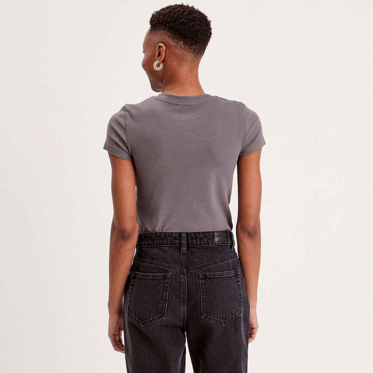 T-shirt manches courtes côtelé gris foncé femme