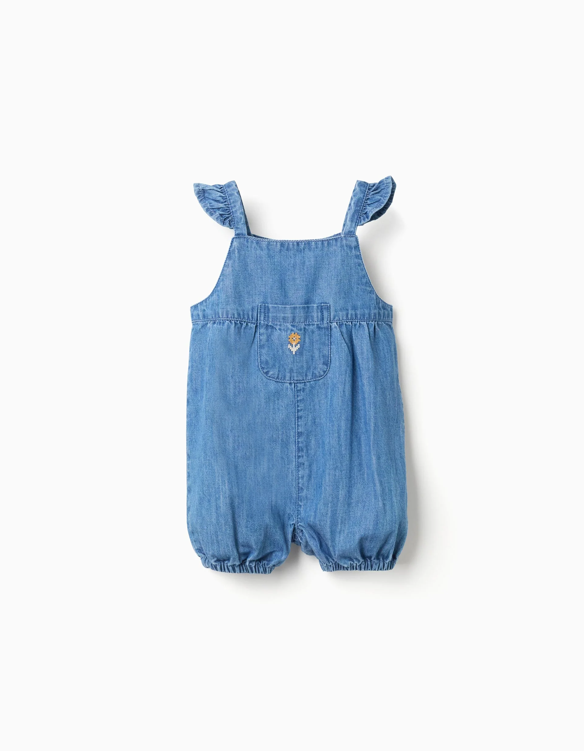 Sleeveless denim jumpsuit with embroidered flower for baby girls, blue
