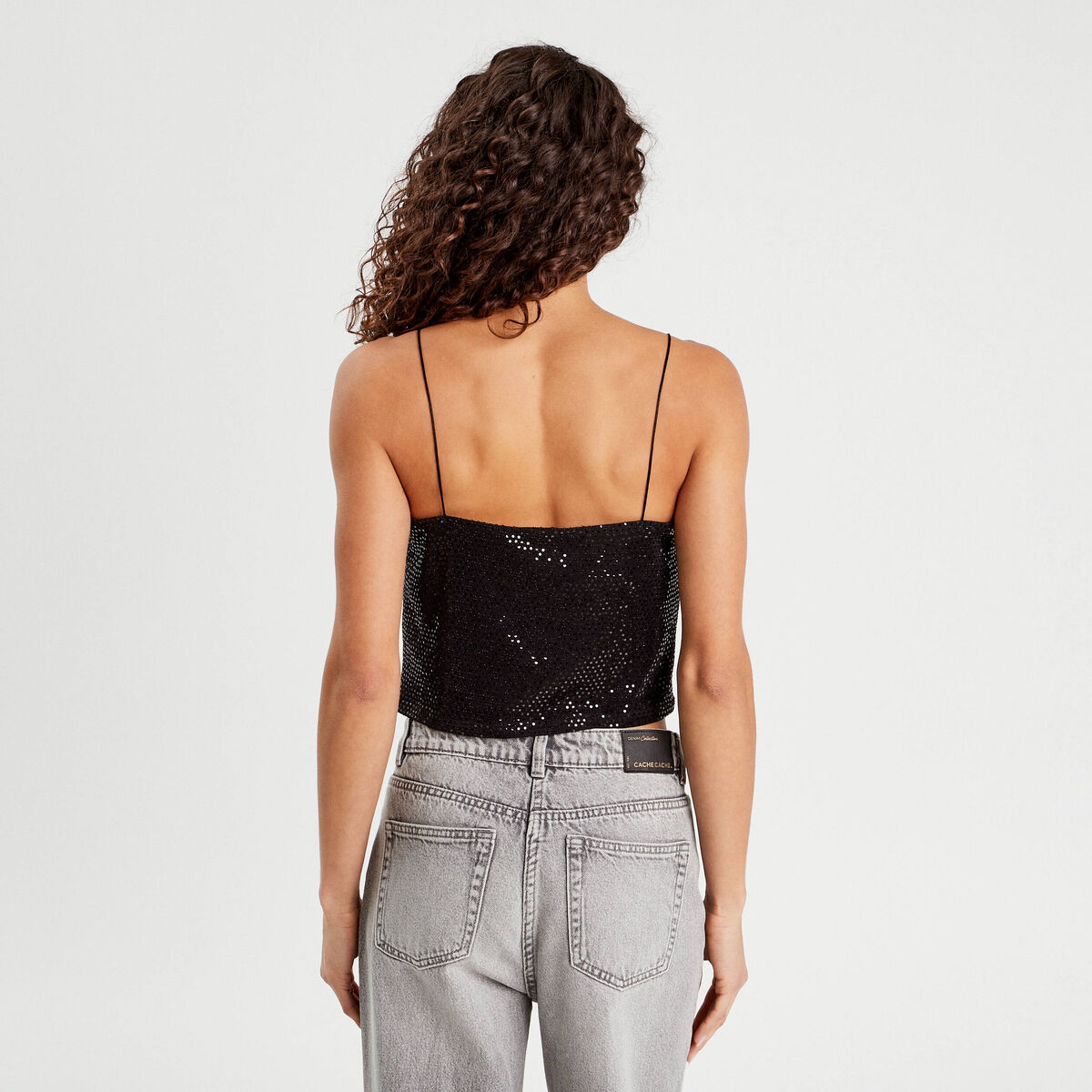 Débardeur cropped paillettes noir femme