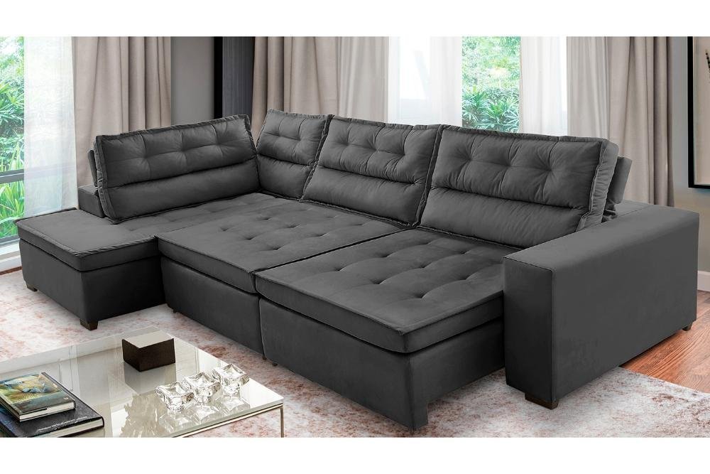 Sofá de Canto Retrátil e Reclinável com Molas 3,00x2,00 Esq Virginia Suede Cinza Adonai