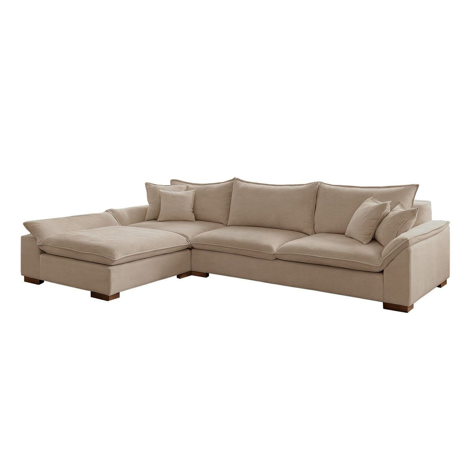 Sofá de Canto Modulado com Chaise 6 Lugares Base em Madeira Maciça Dominique