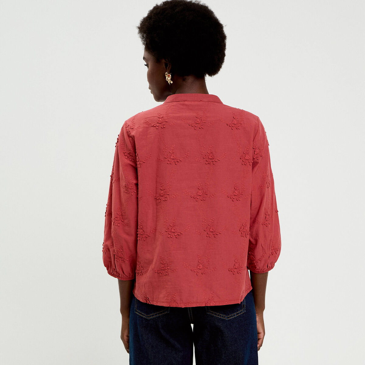 Blouse droite courte col mao manches 3/4 vieux rose femme