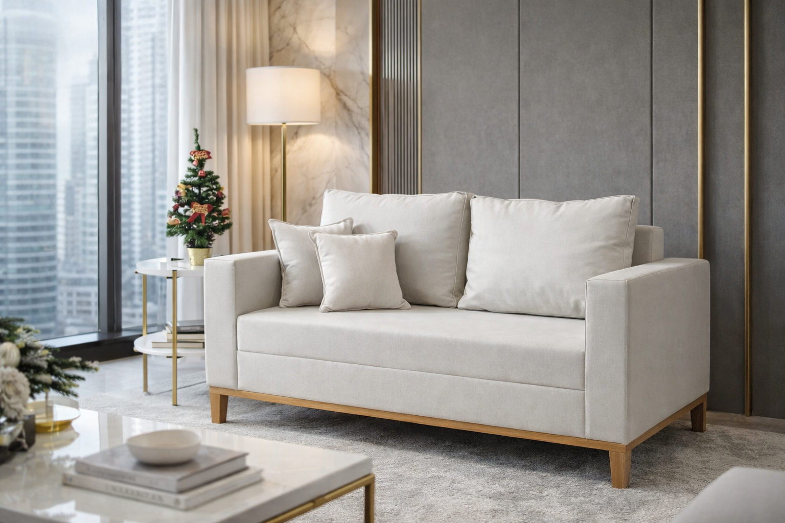 Sofá Beny 2 Lugares em Linho e Pés de Madeira Maciça - Luxo:cru