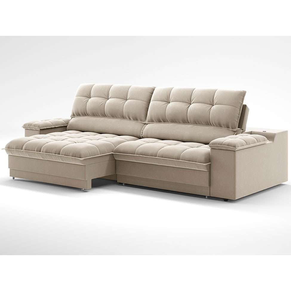 Sofá 3 Lugares Retrátil e Reclinável Helen com USB e Porta-Copos Veludo Areia 210 cm em Promoção | Ofertas na Americanas