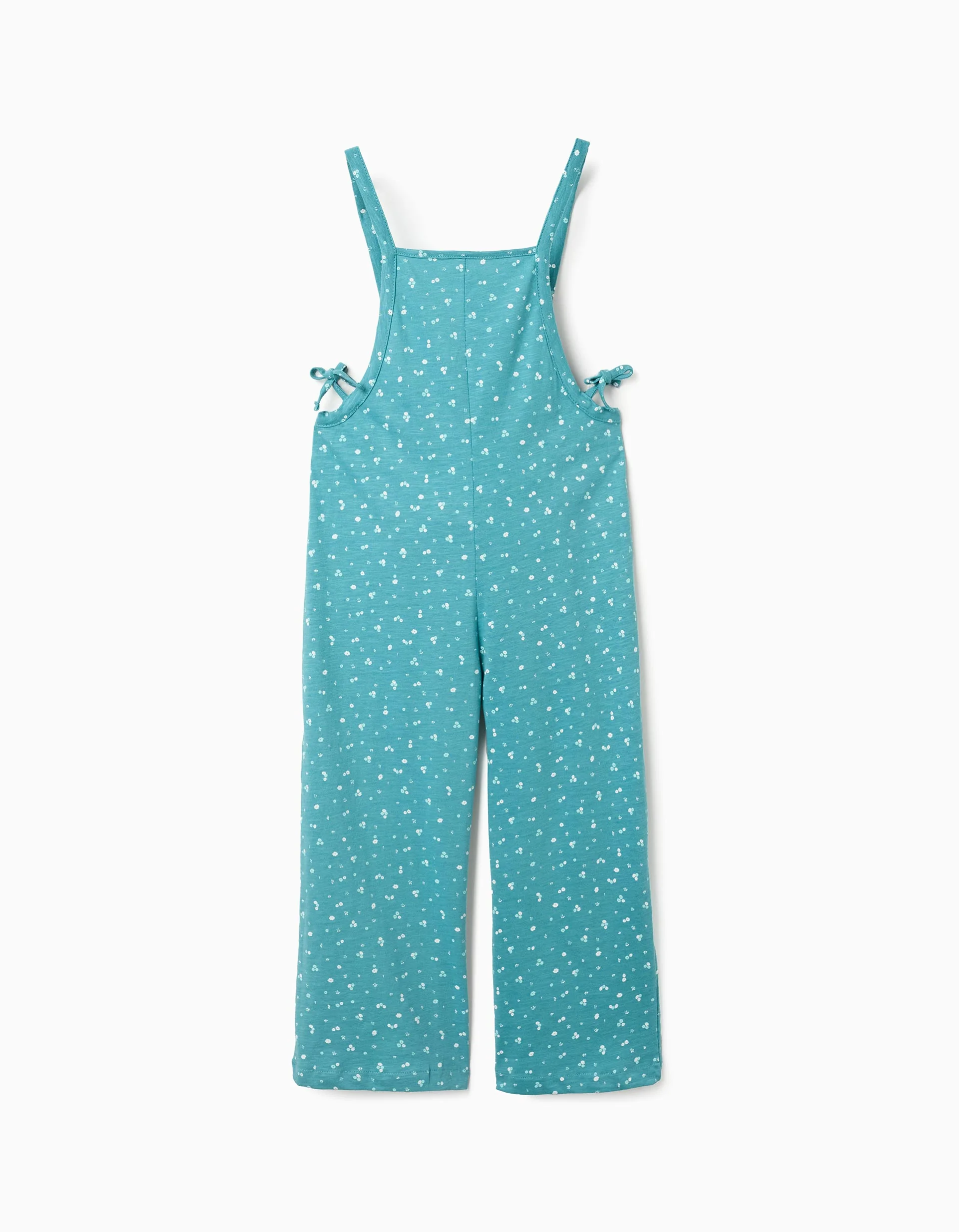 Cotton jumpsuit with floral motif for girls, turquoise blue