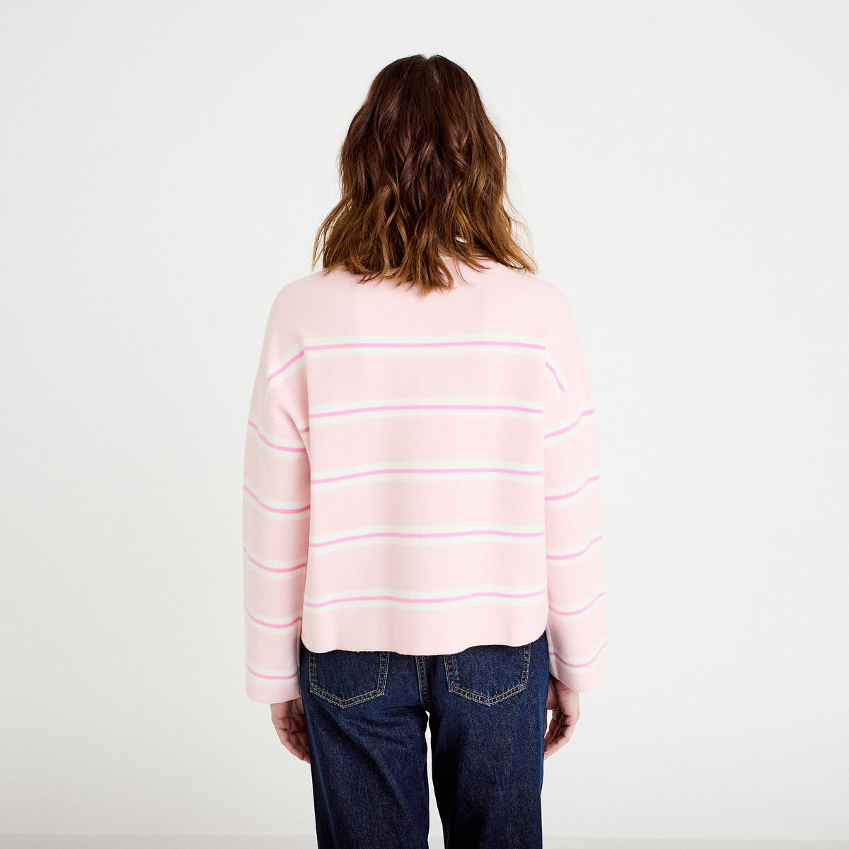 Polo manches longues col chemise rose poudrée femme