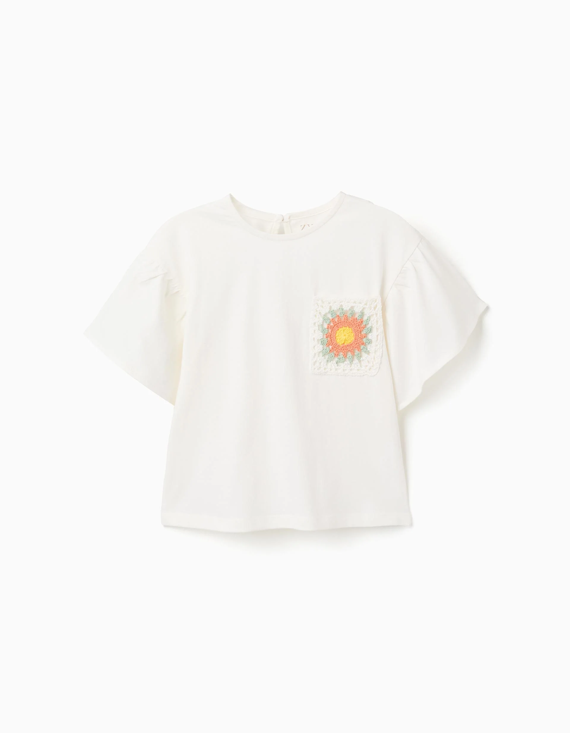 Cotton T-shirt with crochet pocket for girls, white
