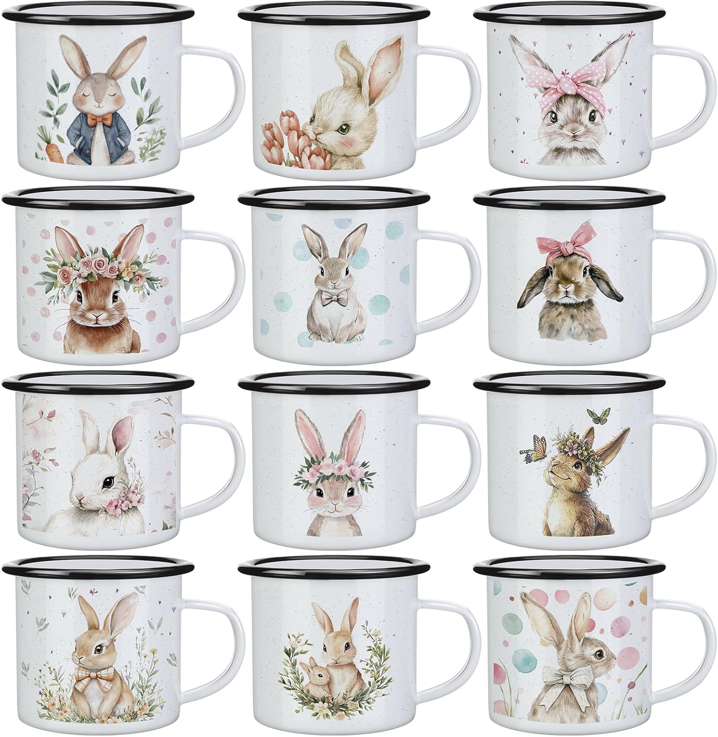 12 Set Easter Bunny Coffee Mugs 12 oz Spring Rabbit Cup Gift Sets Farmhouse Bunny Enamel Mug for Coffee Tea Drinks Party Supplies