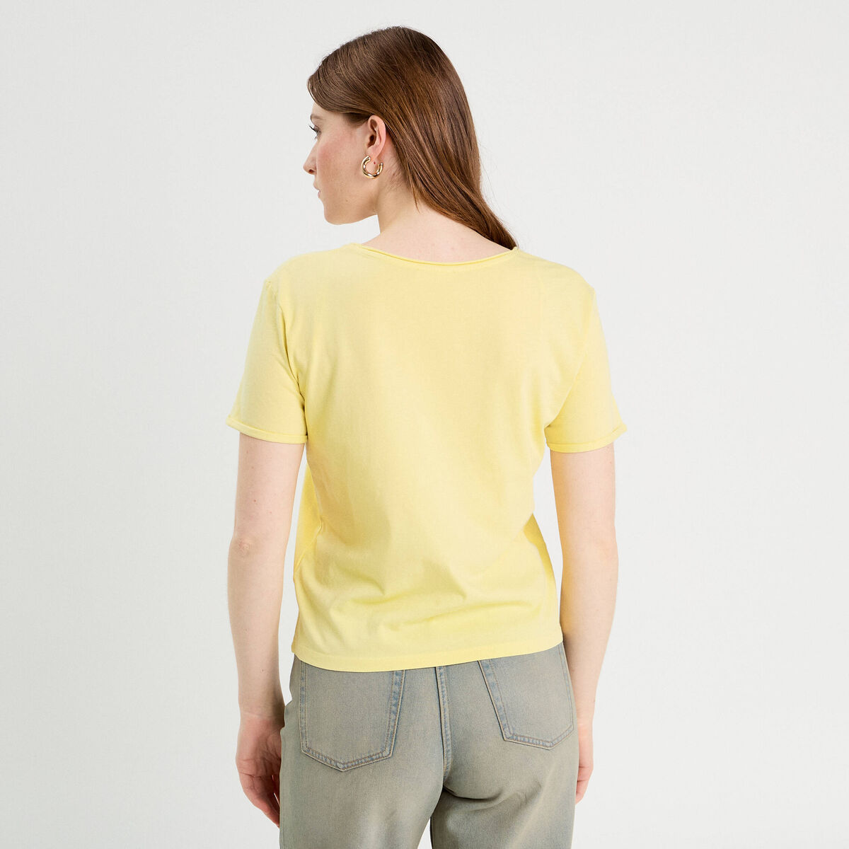 T-shirt col en V jaune clair femme