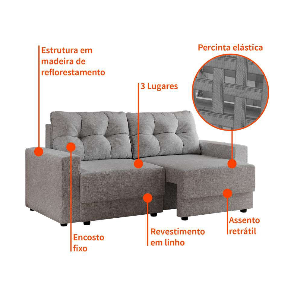 Sofá 3 Lugares Retrátil Lubeck Linho Cinza em Promoção | Ofertas na Americanas