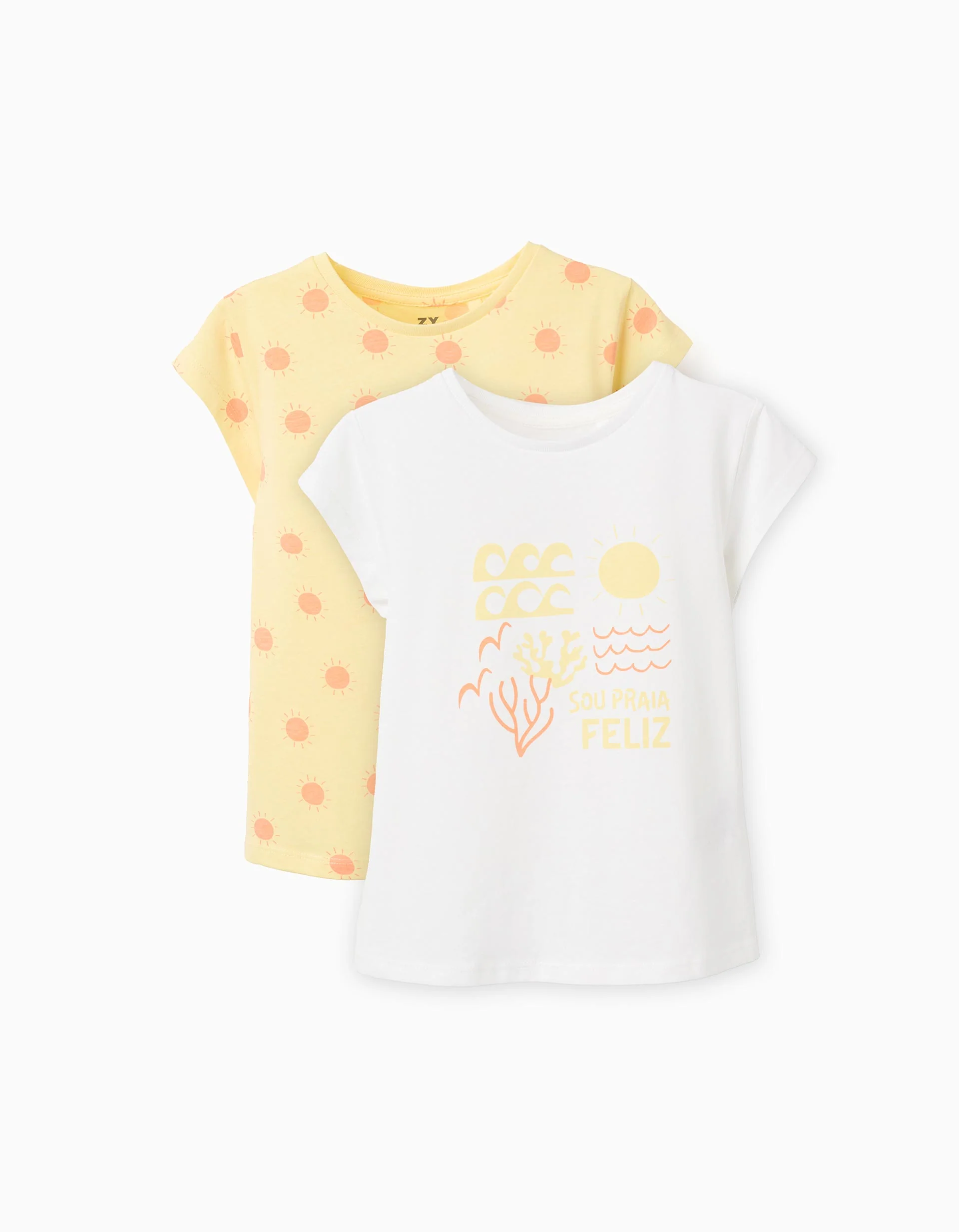 Pack of 2 cotton T-shirts with summery prints for girls, yellow/white