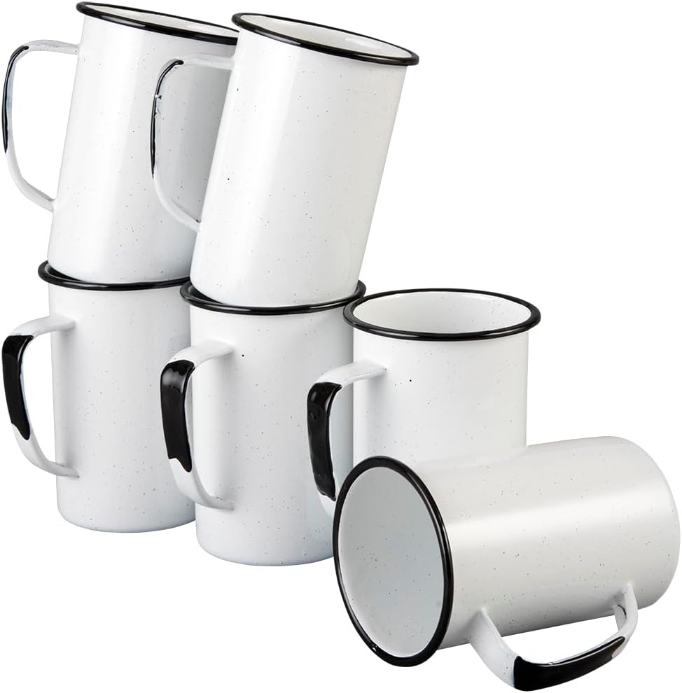 20 Oz Enameled Steel Mug (Set of 6) - Large Durable Mugs for Indoor/Outdoor Use  Oven and Fire-Safe  Reusable & Stackable  Dishwasher Safe Coffee and Tea Mugs (Speckled White)