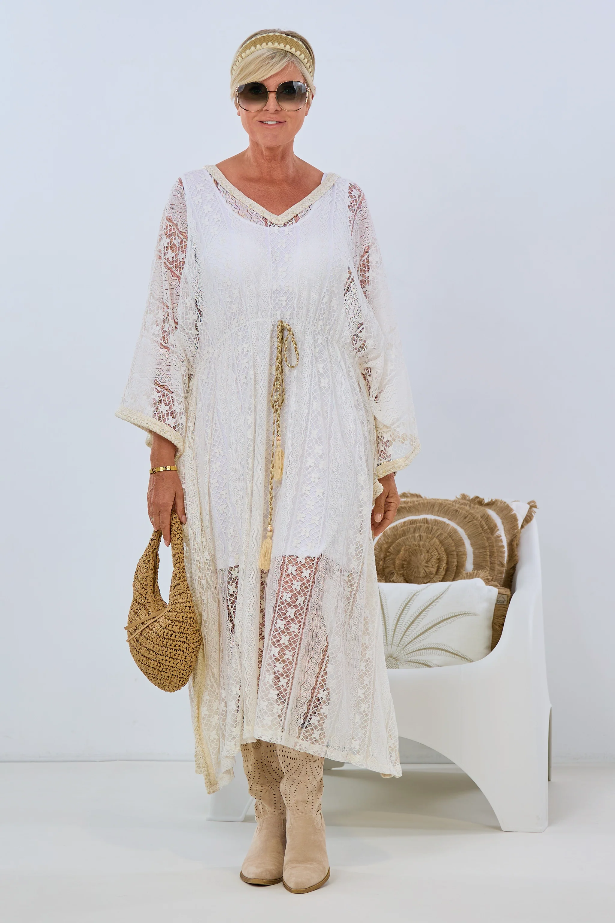 Kaftan-Spitzen-Kleid, ecru-beige