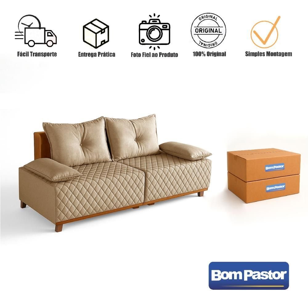 Sofá 3 Lugares 1,95m Potenza Bom Pastor Linho Bege/caramelo