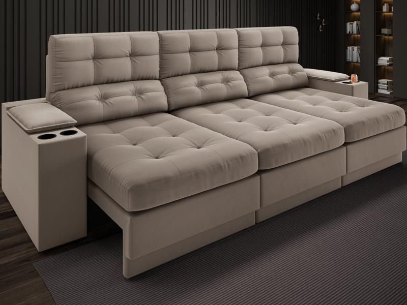 Sofá com Porta Copos e Carregador Usb Eureka 2,30m Assento Retrátil e Reclinável Velosuede