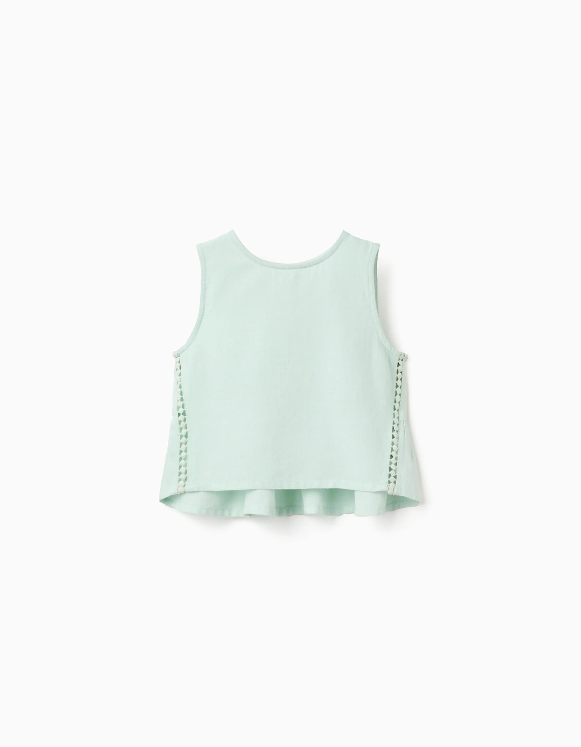 Sleeveless top in cotton and linen with ruffles for girls, light green