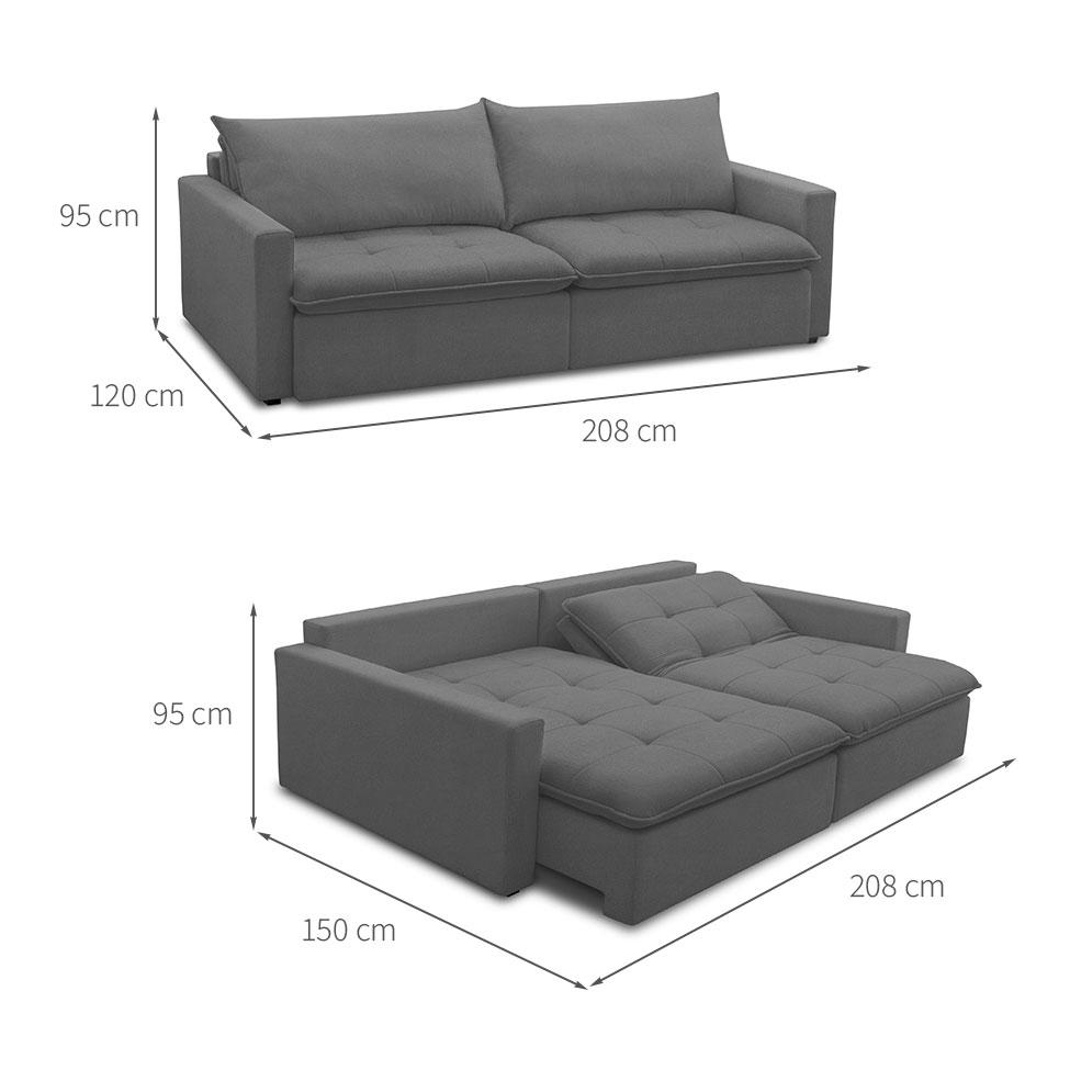 Sofá 3 Lugares Retrátil Sem Caixa Capri Veludo Grafite