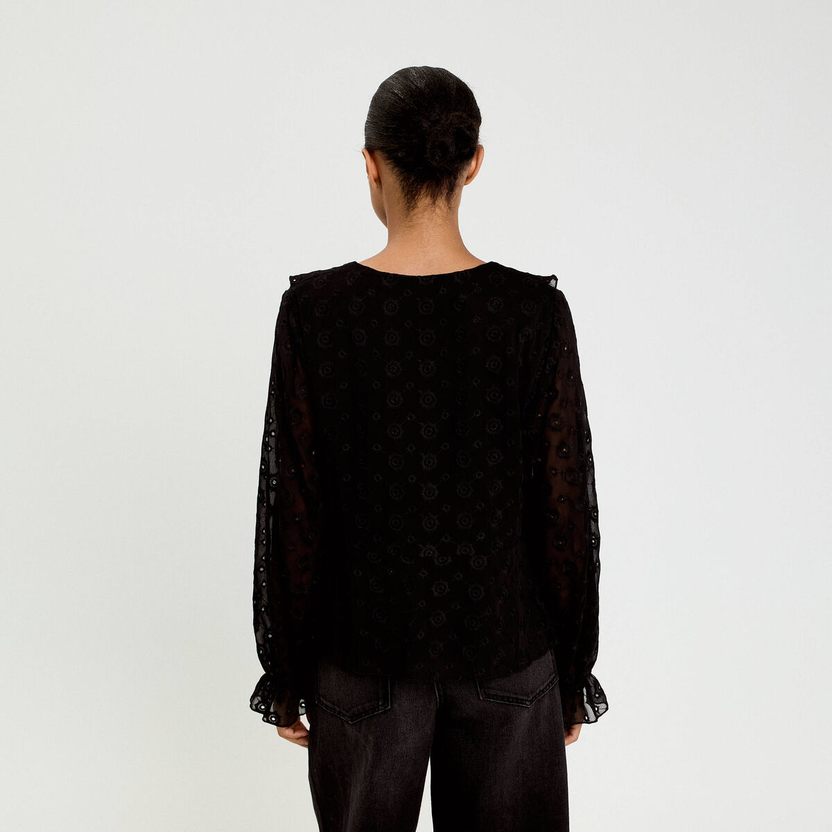 Blouse droite courte manches longues noir femme