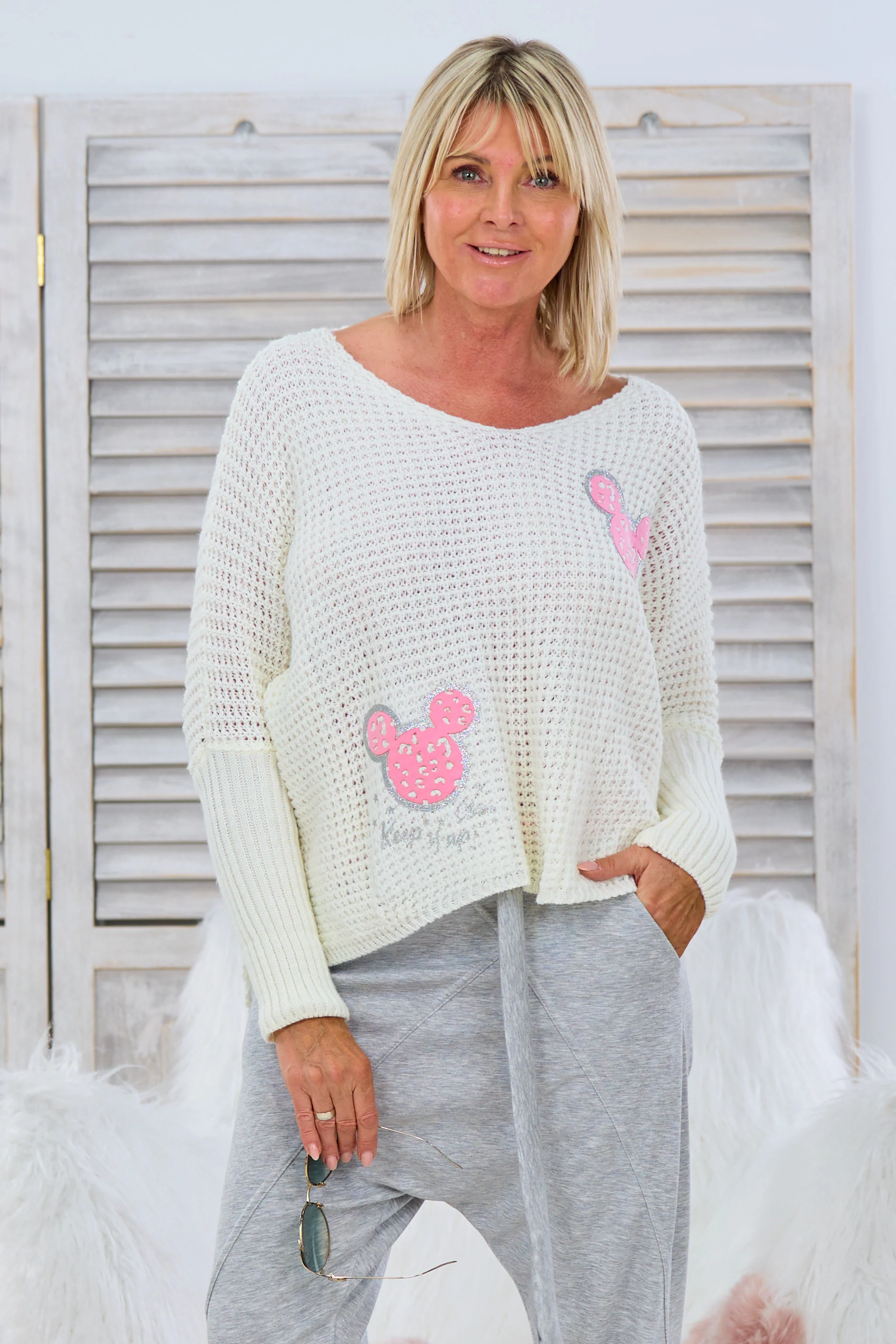 Pulli mit Maus Patches, ecru