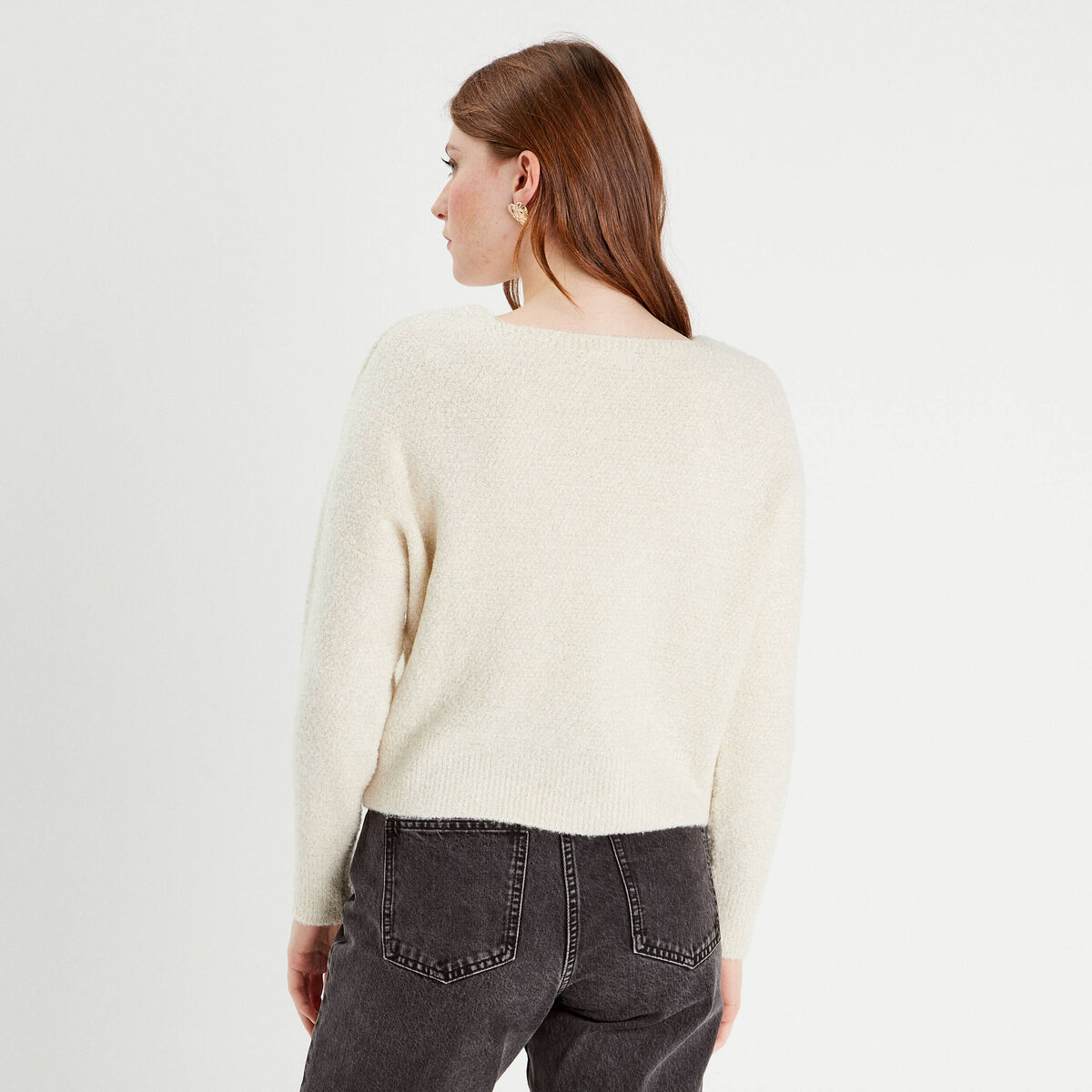 Pull manches longues col en V ecru femme