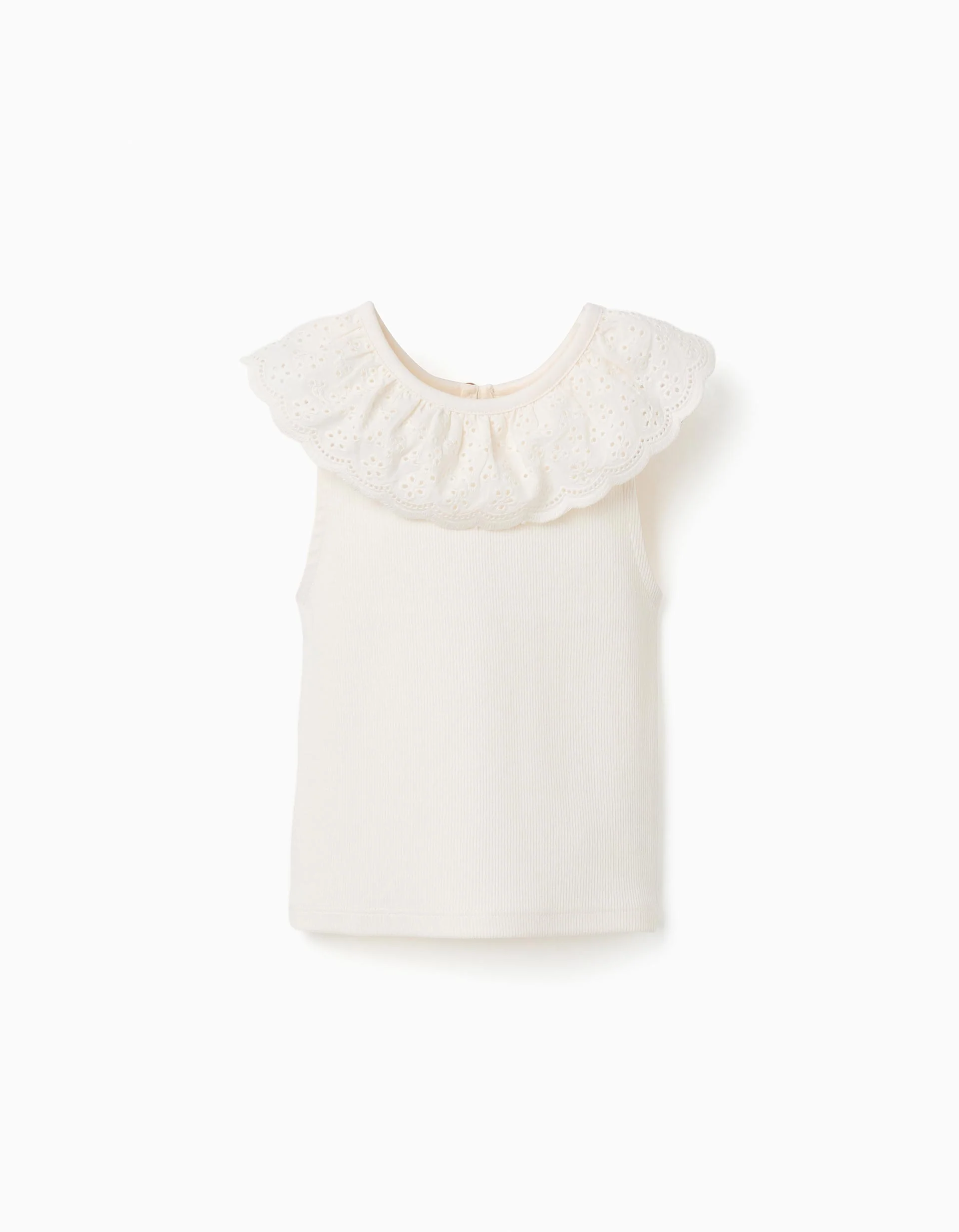 Cotton sleeveless top with embroidered collar for girls, white