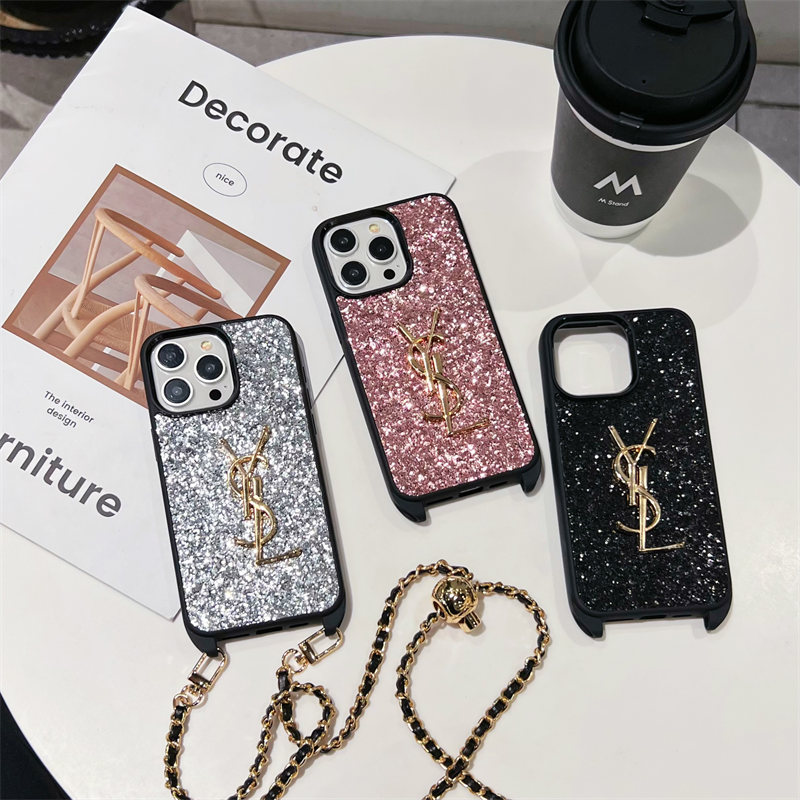 サンローラン スマホケース キラキラ ysl iphone17/16proケース スマホショルダー かわいい iphone15/15plus ケース ブランド レディース iphone14/13ケース 肩掛け チェーン 付き