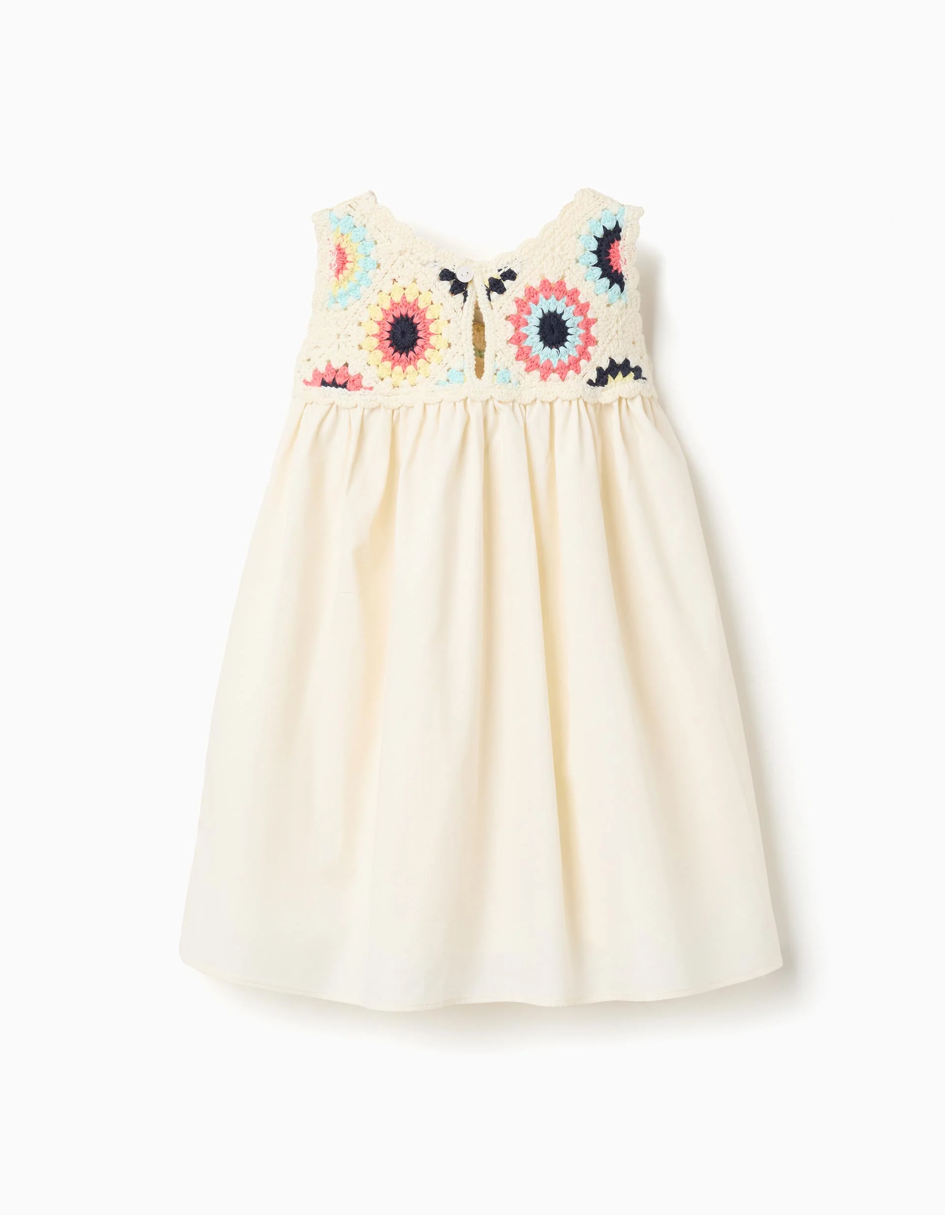 Dual-fabric dress with crochet flowers for baby girls, light beige