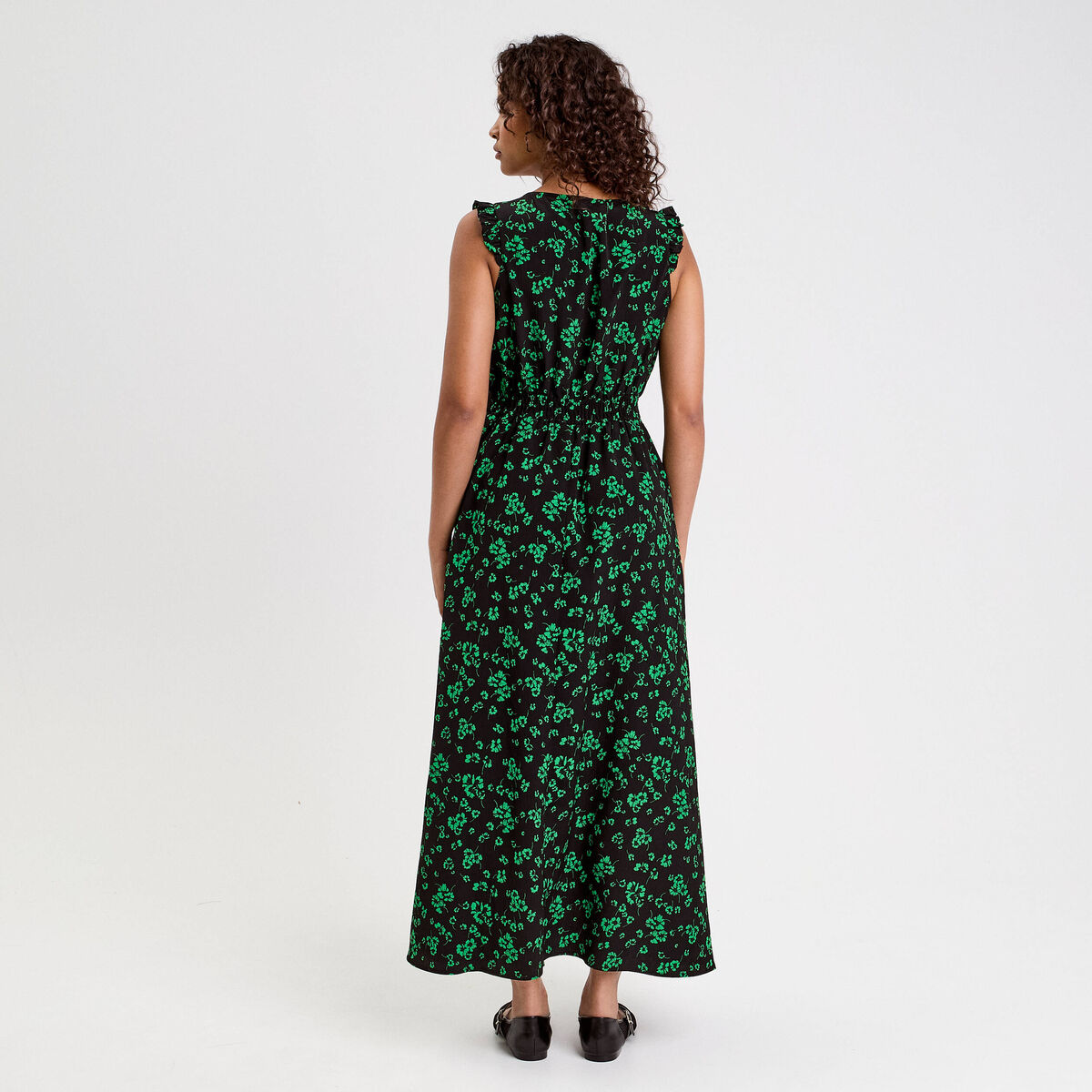 Robe longue évasée col v sans manches vert fluo femme